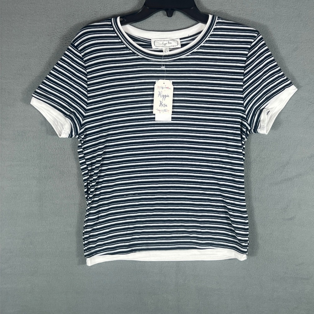 Hippie Rose Juniors T-Shirt XL Navy White Striped Short Sleeve Layered NWT BabyT